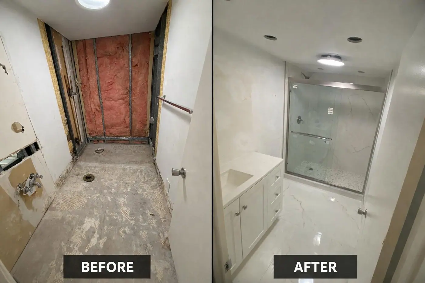 After: Finished shower with marble-look tile, glass door and a white vanity